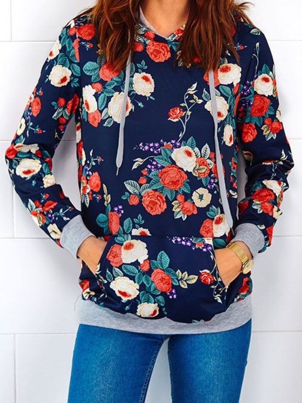 Floral Hoodie Sweatshirt - Navy Rose Print